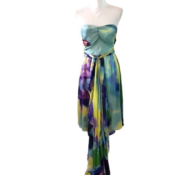 Christian Lacroix Dress Womens Size 6 Tie Dye Effect Silk Strapless Sash Waist - Picture 3 of 14